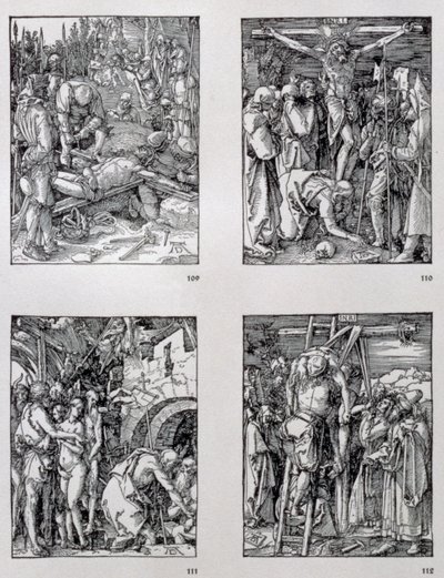 Seria „Mała pasja” (zgodnie z ruchem wskazówek zegara) Przybijanie do krzyża; Ukrzyżowanie; Chrystus w Otchłani; Zdjęcie z krzyża, wyd. 1511 autorstwa Albrecht Dürer